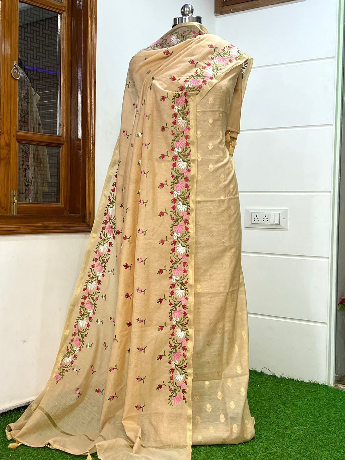 Beige Pure Mercerised Zari Booti with Embroidery Dupatta Banarasi Suit Set 1100SKL_PME7
