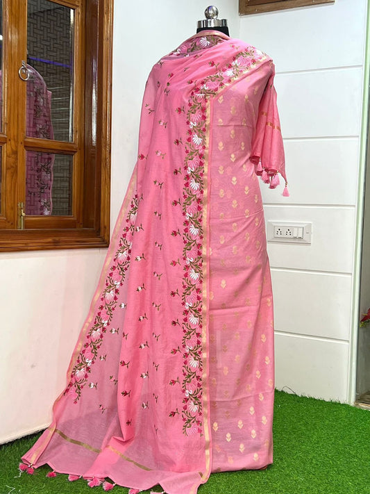 Pink Pure Mercerised Zari Booti with Embroidery Dupatta Banarasi Suit Set 1100SKL_PME8