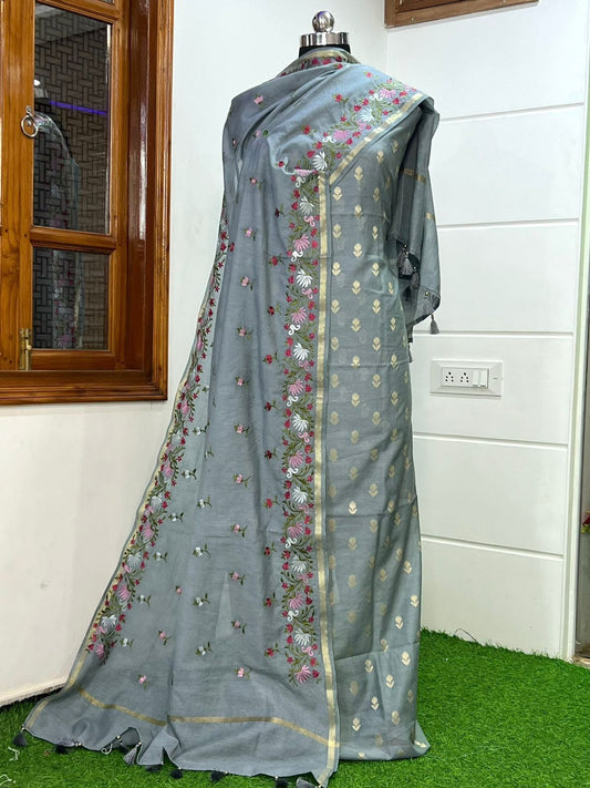 Grey Pure Mercerised Zari Booti with Embroidery Dupatta Banarasi Suit Set 1100SKL_PME10