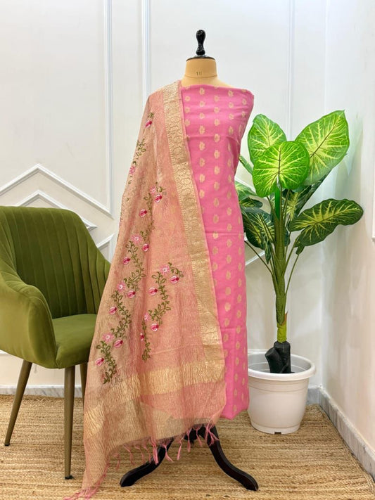 Pink Pure Mercerised Zari Booti with Embroidery Tissue Dupatta Banarasi Suit Set 1200SKL_PME14