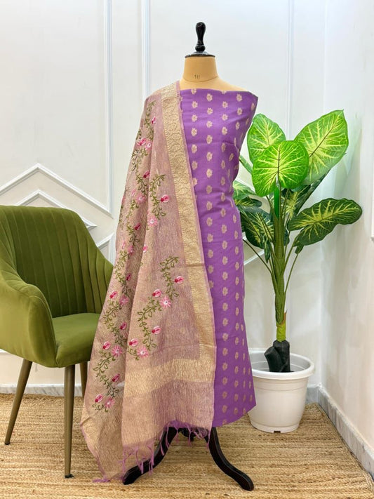 Light Purple Pure Mercerised Zari Booti with Embroidery Tissue Dupatta Banarasi Suit Set 1200SKL_PME12