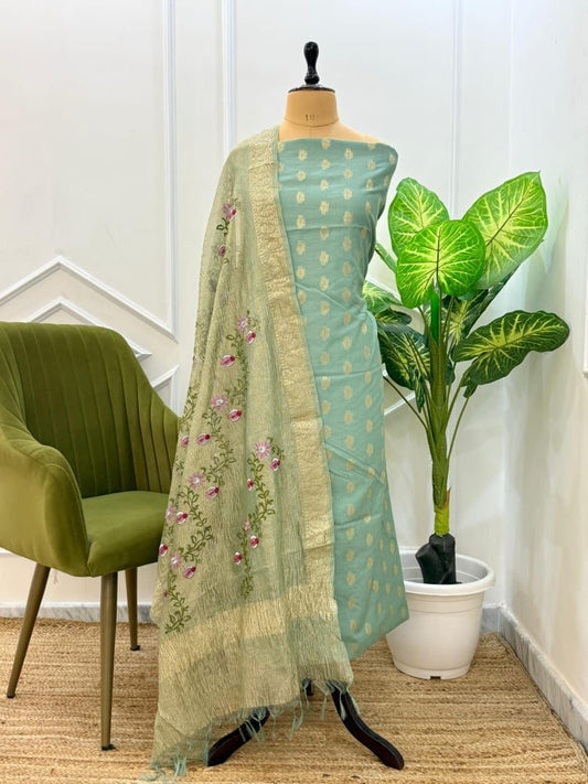 Seagreen Pure Mercerised Zari Booti with Embroidery Tissue Dupatta Banarasi Suit Set 1200SKL_PME13