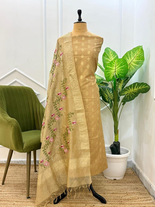 Tussar Pure Mercerised Zari Booti with Embroidery Tissue Dupatta Banarasi Suit Set 1200SKL_PME15
