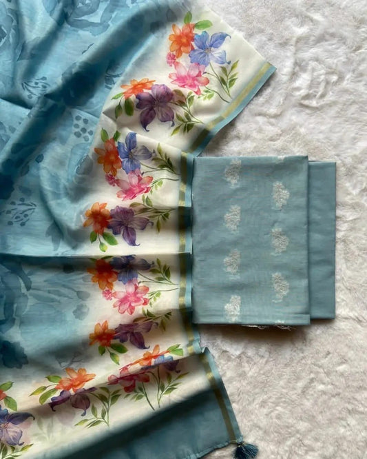 Seagreen Pure Mercerised Zari Booti with Embroidery Tissue Dupatta Banarasi Suit Set 1000SKL_PME17