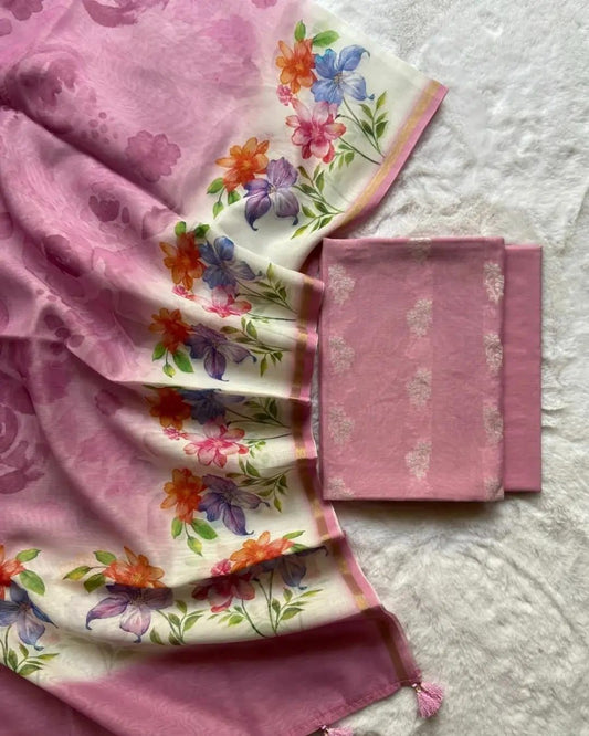 Pink Pure Mercerised Zari Booti with Embroidery Tissue Dupatta Banarasi Suit Set 1000SKL_PME18