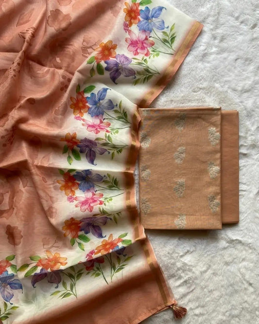 Brown Pure Mercerised Zari Booti with Embroidery Tissue Dupatta Banarasi Suit Set 1000SKL_PME19
