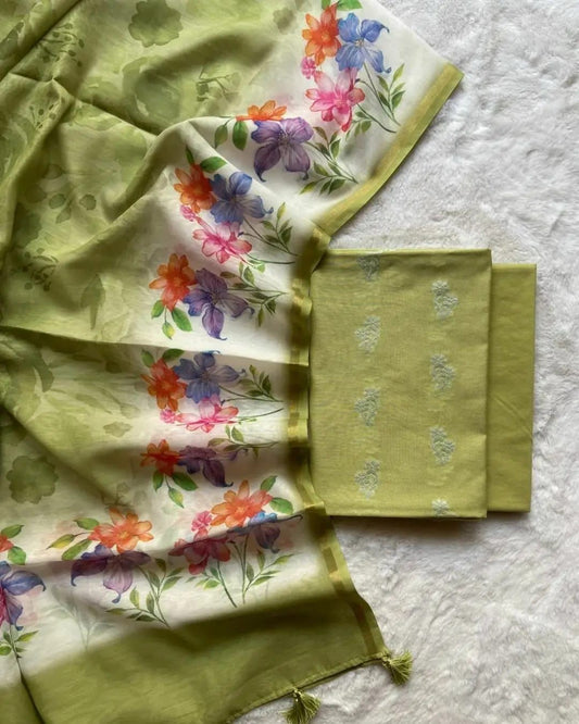Green Pure Mercerised Zari Booti with Embroidery Tissue Dupatta Banarasi Suit Set 1000SKL_PME20