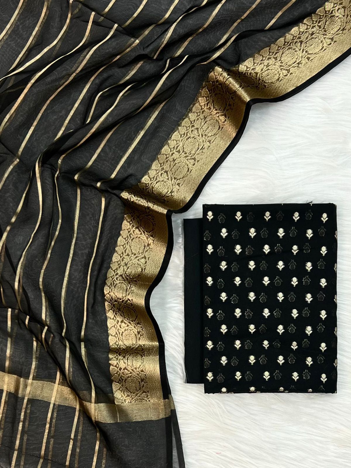 Black Chanderi Zari Booti with Stripe Dupatta Banarasi Suit Set 1000SKL_CH2