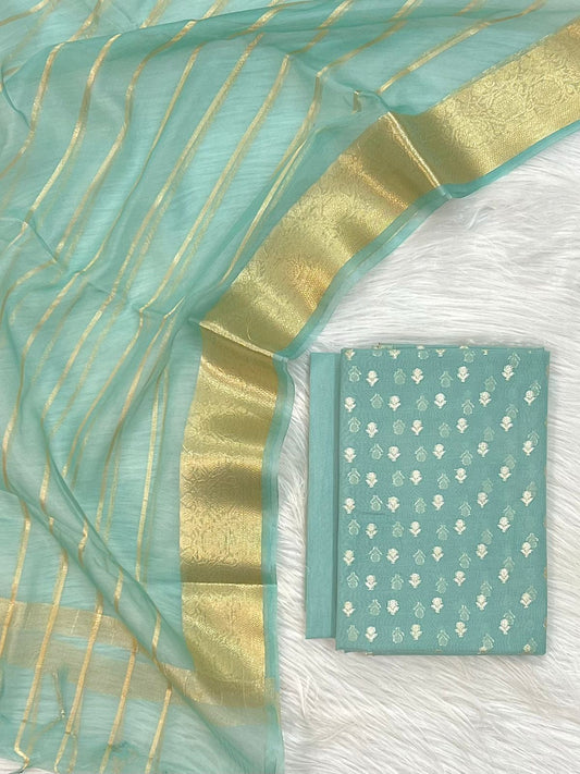 Sky Blue Chanderi Zari Booti with Stripe Dupatta Banarasi Suit Set 1000SKL_CH5