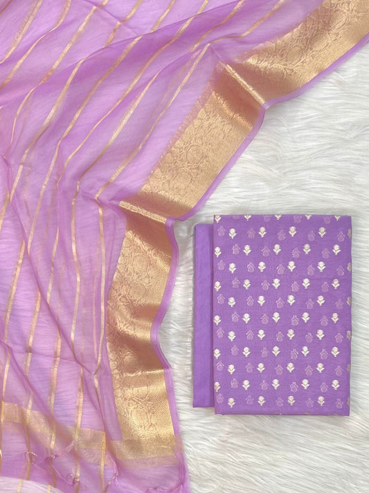 Purple Chanderi Zari Booti with Stripe Dupatta Banarasi Suit Set 1000SKL_CH3
