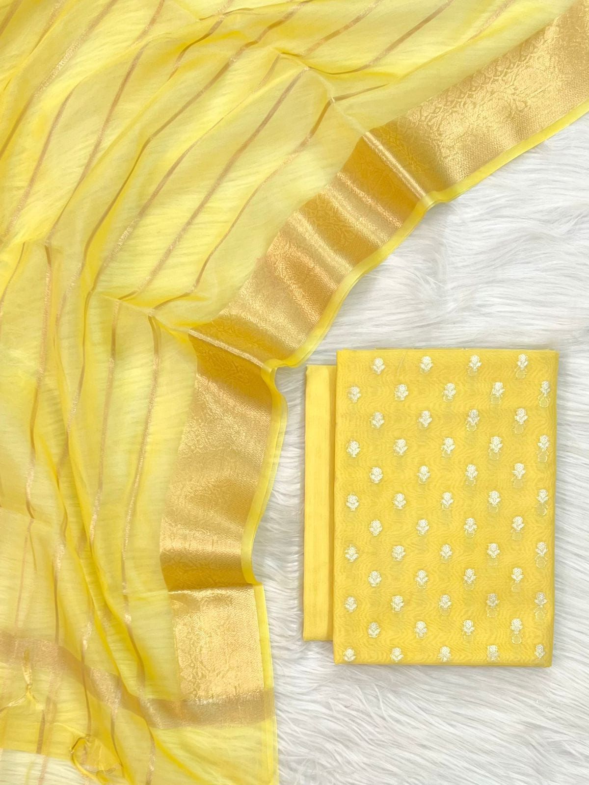 Yellow Chanderi Zari Booti with Stripe Dupatta Banarasi Suit Set 1000SKL_CH4
