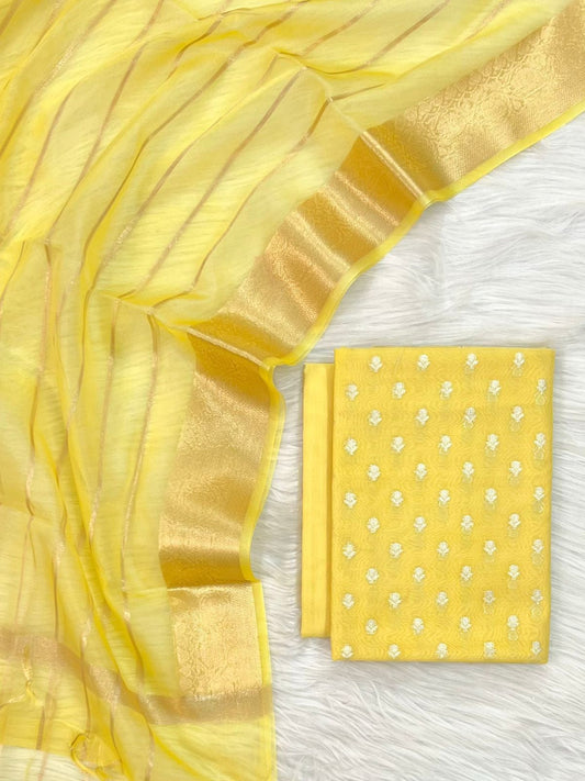 Yellow Chanderi Zari Booti with Stripe Dupatta Banarasi Suit Set 1000SKL_CH4