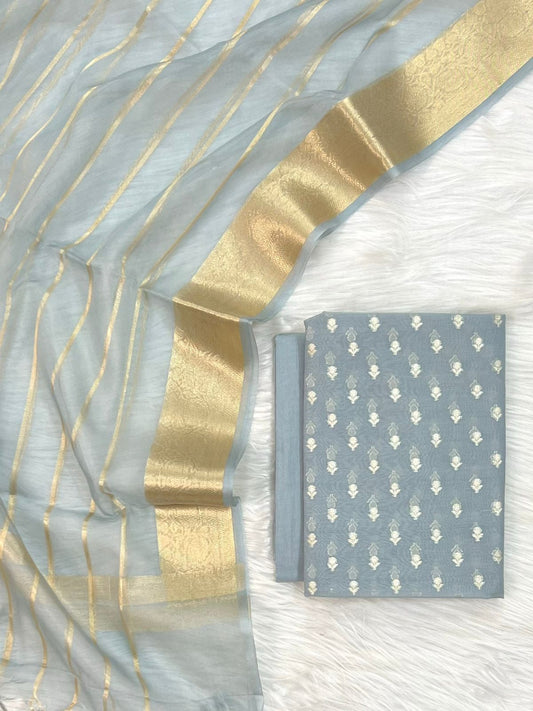 Grey Chanderi Zari Booti with Stripe Dupatta Banarasi Suit Set 1000SKL_CH7