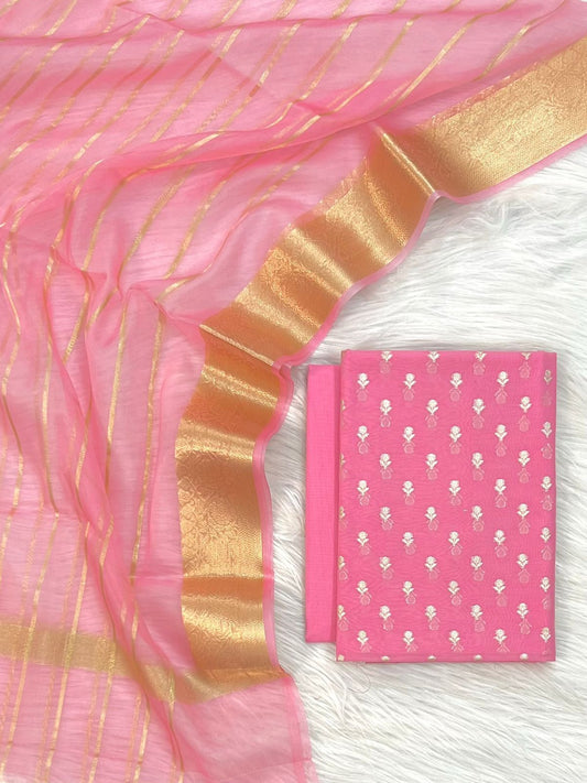 Pink Chanderi Zari Booti with Stripe Dupatta Banarasi Suit Set 1000SKL_CH6