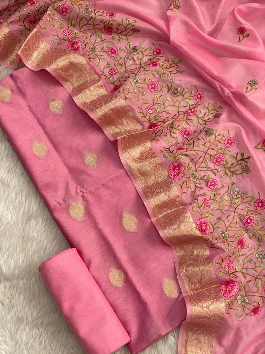 Pink Pure Mercerised Zari Booti with Embroidery Dupatta Banarasi Suit Set 1200SKL_PME22