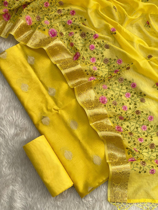 Yellow Pure Mercerised Zari Booti with Embroidery Dupatta Banarasi Suit Set 1200SKL_PME23