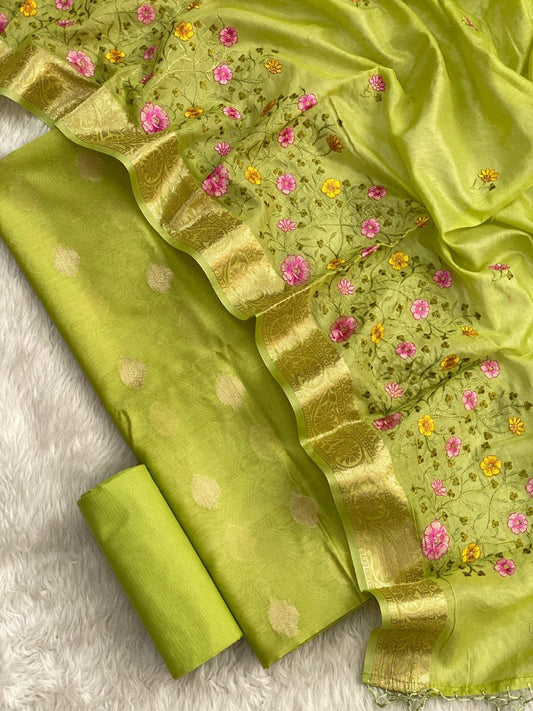 Green Pure Mercerised Zari Booti with Embroidery Dupatta Banarasi Suit Set 1200SKL_PME24