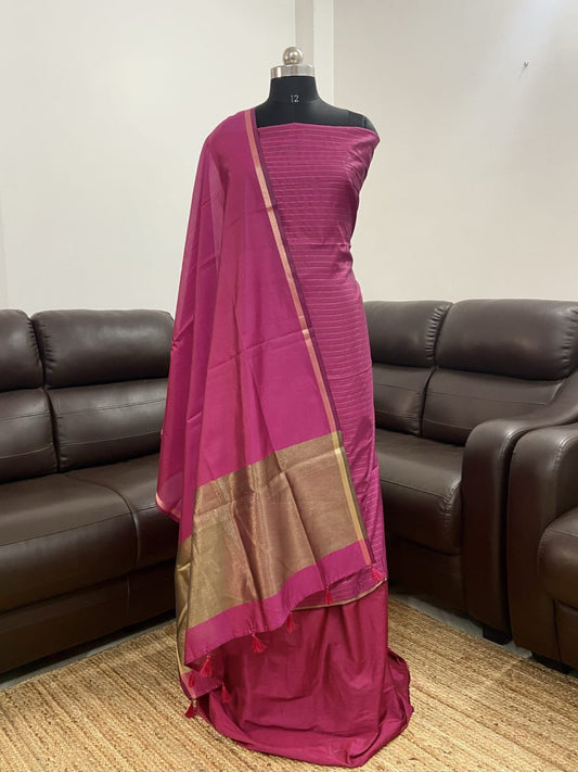 Magenta Cotton Silk Stripe Zari Patti Banarasi 3 pcs Suit Set 600SKL_CS8