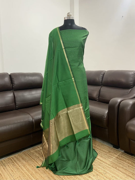 Green Cotton Silk Stripe Zari Patti Banarasi 3 pcs Suit Set 600SKL_CS7