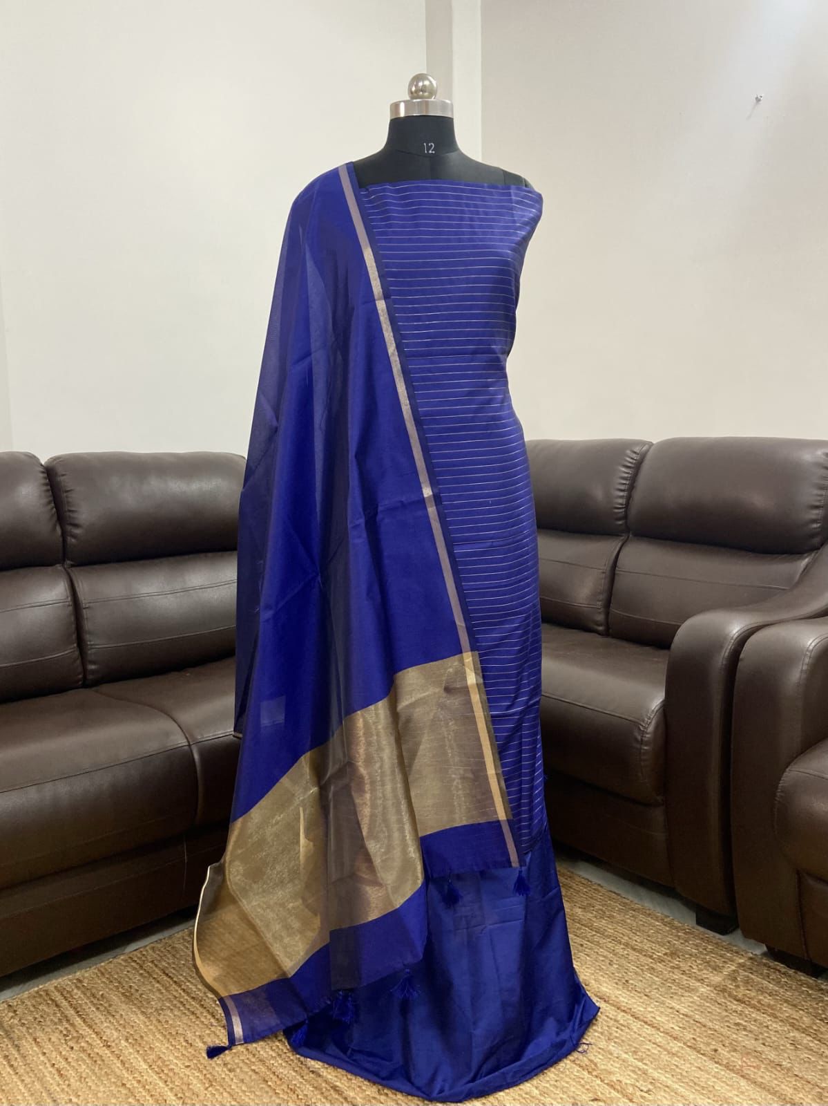 Blue Cotton Silk Stripe Zari Patti Banarasi 3 pcs Suit Set 600SKL_CS9