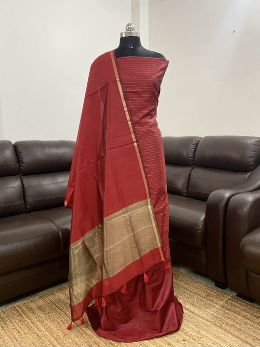 Red Cotton Silk Stripe Zari Patti Banarasi 3 pcs Suit Set 600SKL_CS10