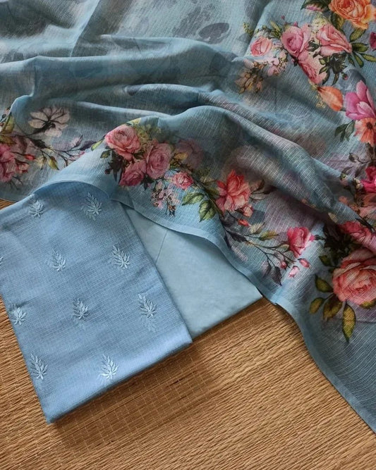 Blue Mercerise Kota Check Embroidery Booti with Digital Print Dupatta Banarasi Suit Set 1100SKL_KC7
