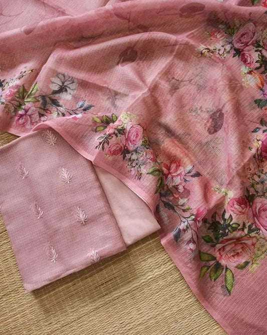 Peach Mercerise Kota Check Embroidery Booti with Digital Print Dupatta Banarasi Suit Set 1100SKL_KC8