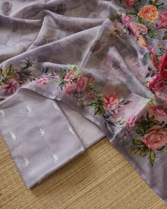 Mauve Mercerise Kota Check Embroidery Booti with Digital Print Dupatta Banarasi Suit Set 1100SKL_KC10