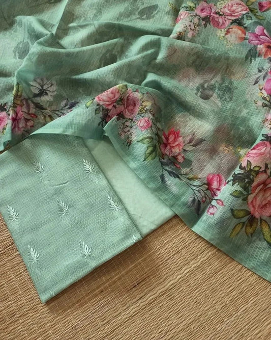 Seagreen Mercerise Kota Check Embroidery Booti with Digital Print Dupatta Banarasi Suit Set 1100SKL_KC9