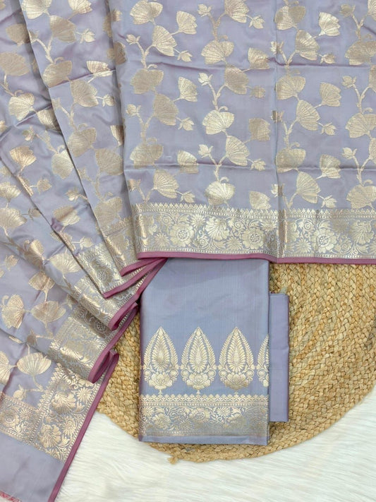 Mauve Katan Silk Plain Zari Booti with Floral Zari Jaal Banarasi 3 pcs Suit Set 800SKL_KSP2