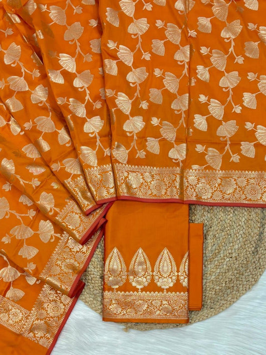 Orange Katan Silk Plain Zari Booti with Floral Zari Jaal Banarasi 3 pcs Suit Set 800SKL_KSP3