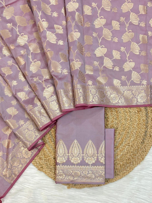 Light Purple Katan Silk Plain Zari Booti with Floral Zari Jaal Banarasi 3 pcs Suit Set 800SKL_KSP4
