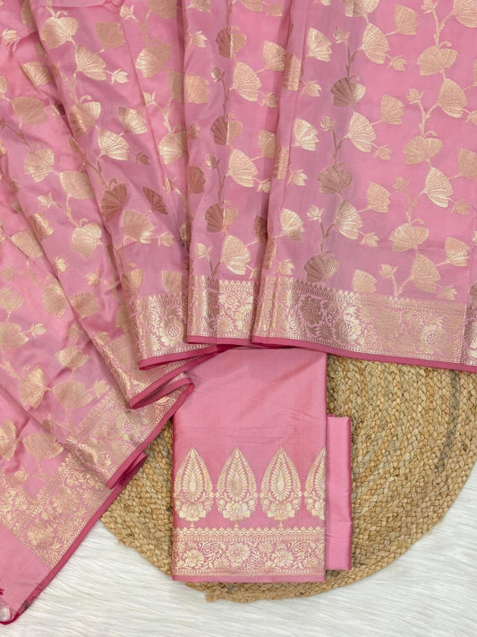 Pink Katan Silk Plain Zari Booti with Floral Zari Jaal Banarasi 3 pcs Suit Set 800SKL_KSP7