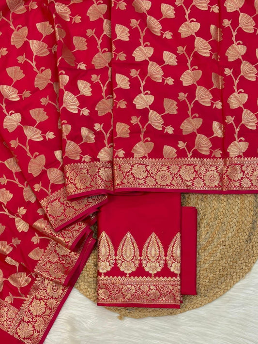 Red Katan Silk Plain Zari Booti with Floral Zari Jaal Banarasi 3 pcs Suit Set 800SKL_KSP10
