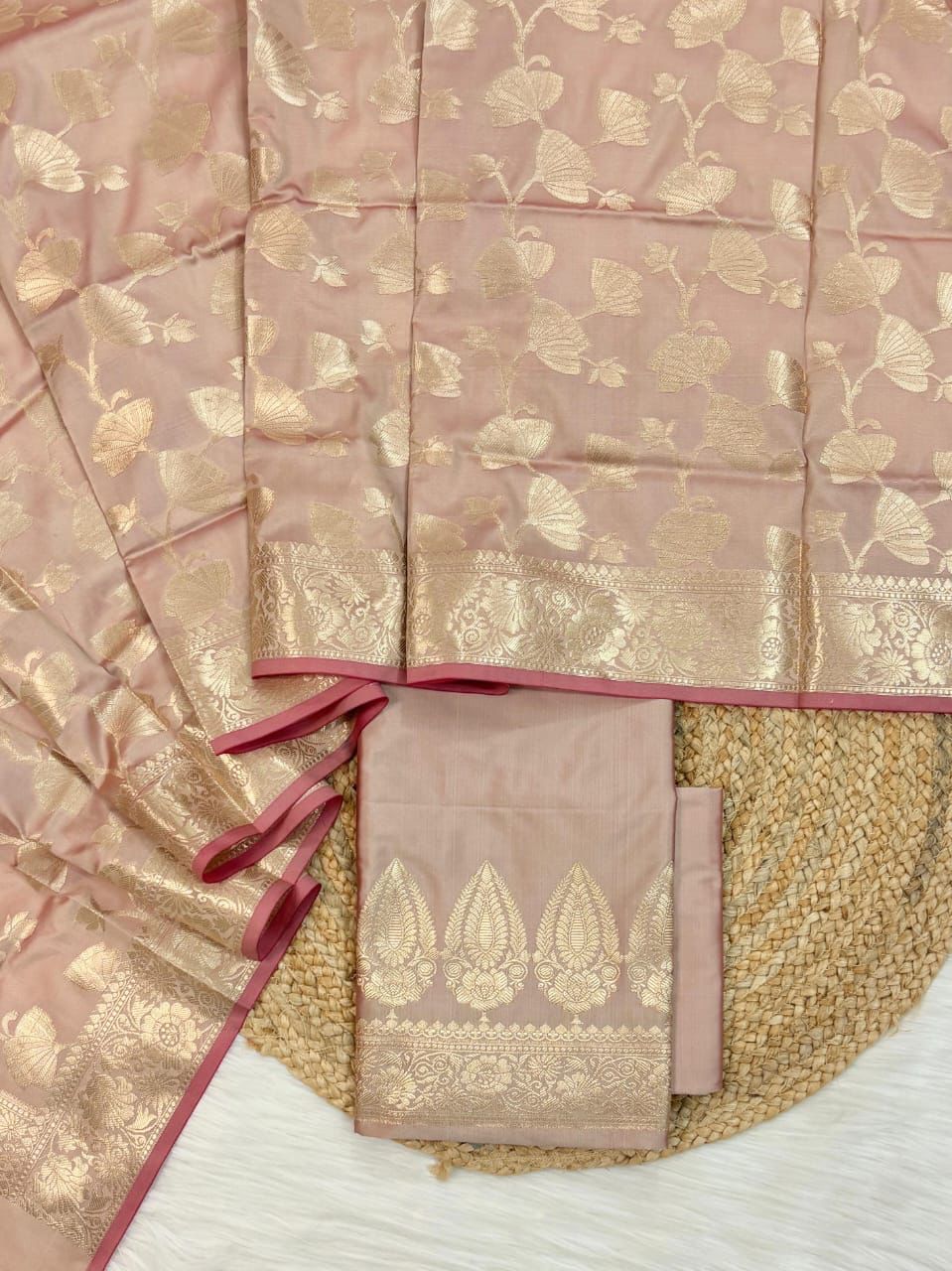 Beige Katan Silk Plain Zari Booti with Floral Zari Jaal Banarasi 3 pcs Suit Set 800SKL_KSP8
