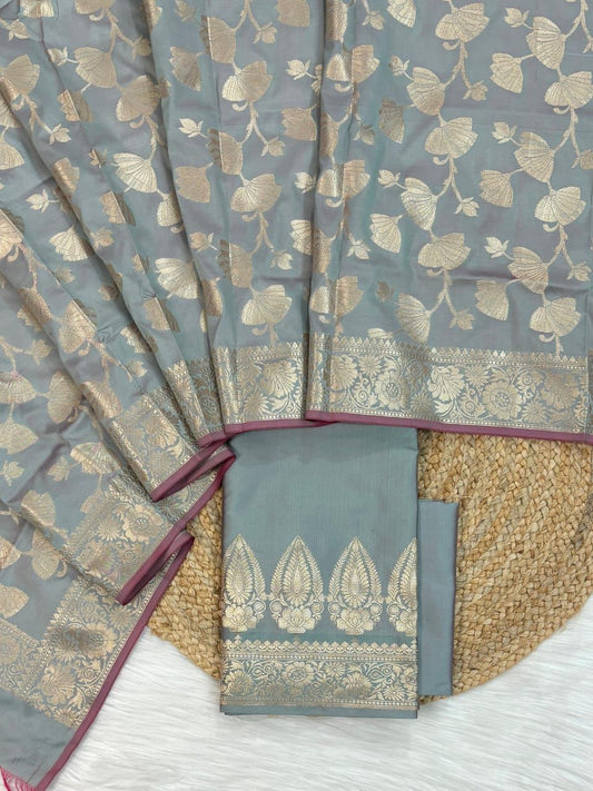 Grey Katan Silk Plain Zari Booti with Floral Zari Jaal Banarasi 3 pcs Suit Set 800SKL_KSP9