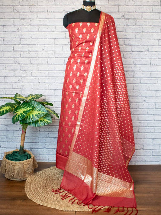 Light Red Pure Mercerise Silk Floral Zari Booti with Lorex Dupatta Banarasi Suit Set 1200SKL_MS20