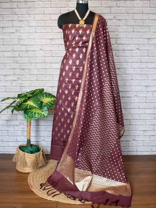 Burgundy Pure Mercerise Silk Floral Zari Booti with Lorex Dupatta Banarasi Suit Set 1200SKL_MS18