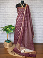 Burgundy Pure Mercerise Silk Floral Zari Booti with Lorex Dupatta Banarasi Suit Set 1200SKL_MS18