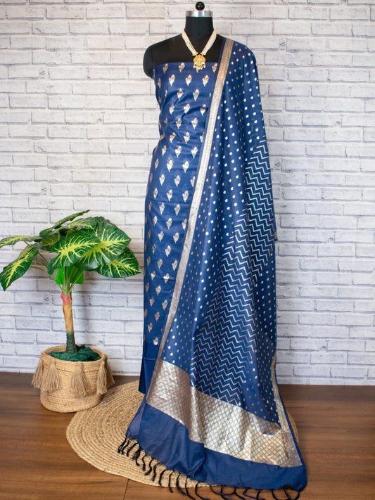 Violet Blue Pure Mercerise Silk Floral Zari Booti with Lorex Dupatta Banarasi Suit Set 1200SKL_MS19