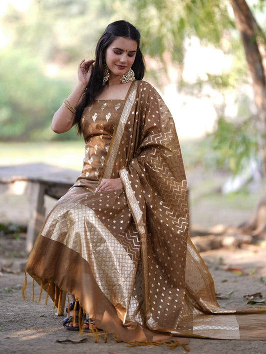 Light Brown Pure Mercerise Silk Floral Zari Booti with Lorex Dupatta Banarasi Suit Set 1200SKL_MS21