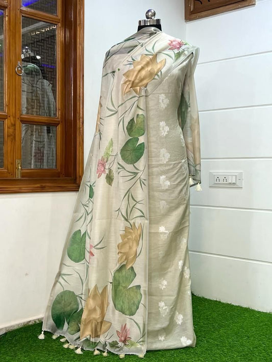 Olive Pure Mercerise Resham Zari Booti with Chanderi Silk Print Dupatta Banarasi 3 pcs Suit Set 1000SKL_PMC8