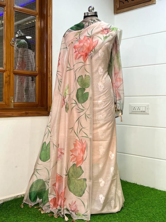 Cream Pure Mercerise Resham Zari Booti with Chanderi Silk Print Dupatta Banarasi 3 pcs Suit Set 1000SKL_PMC7