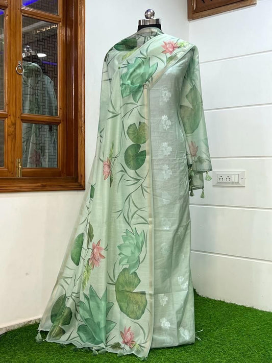Seagreen Pure Mercerise Resham Zari Booti with Chanderi Silk Print Dupatta Banarasi 3 pcs Suit Set 1000SKL_PMC10