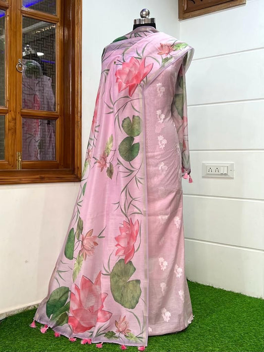Pink Pure Mercerise Resham Zari Booti with Chanderi Silk Print Dupatta Banarasi 3 pcs Suit Set 1000SKL_PMC9