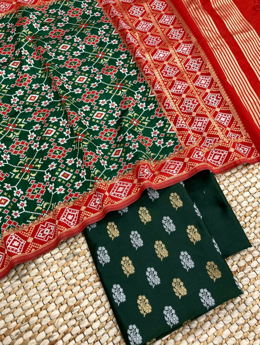 Dark Green Katan Silk Silver Gold Zari With Patola Weave Dupatta Suit Set 700SKL_KS41