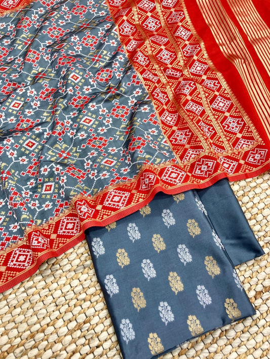 Grey Katan Silk Silver Gold Zari With Patola Weave Dupatta Suit Set 700SKL_KS44