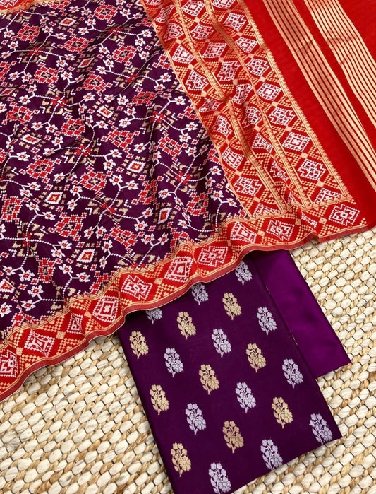 Purple Katan Silk Silver Gold Zari With Patola Weave Dupatta Suit Set 700SKL_KS42