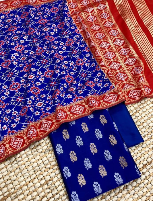 Blue Katan Silk Silver Gold Zari With Patola Weave Dupatta Suit Set 700SKL_KS43