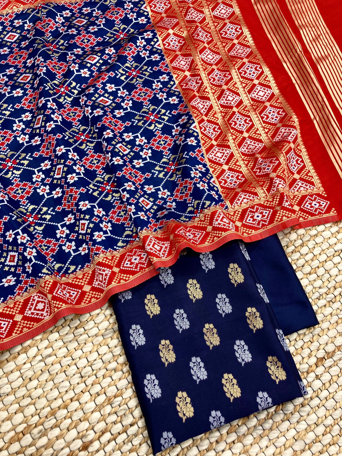Navy Blue Katan Silk Silver Gold Zari With Patola Weave Dupatta Suit Set 700SKL_KS49